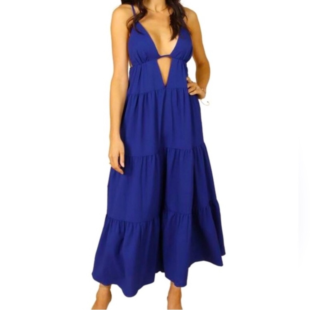 Women’s Royal Blue Tiered Midi Dress with Cutout